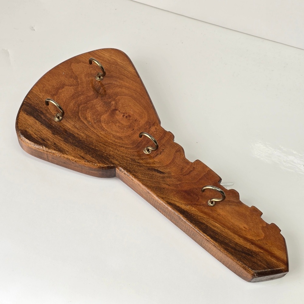 Key Shaped Wooden Wall Key‎ Holder Brown 4 Hooks Rustic Farmhouse Decor Cottage